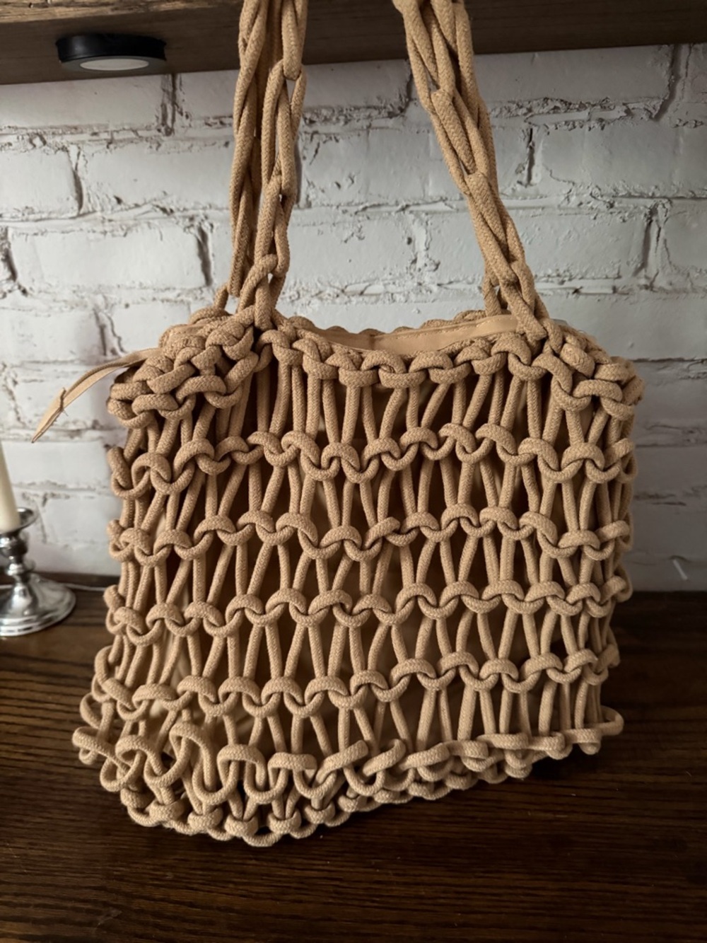 Woven Macramé Tote Bag in Tan